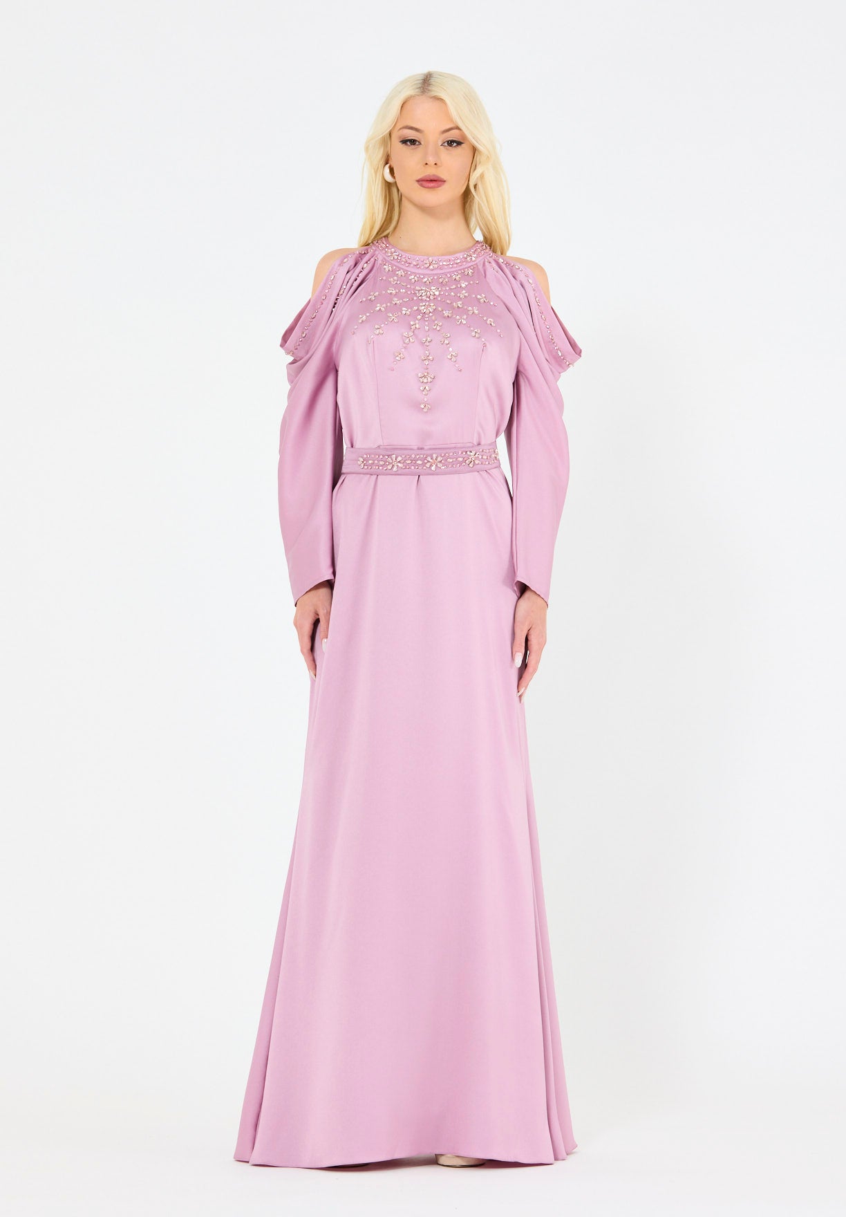 Dramatic Draped Sleeves Embellished Gown