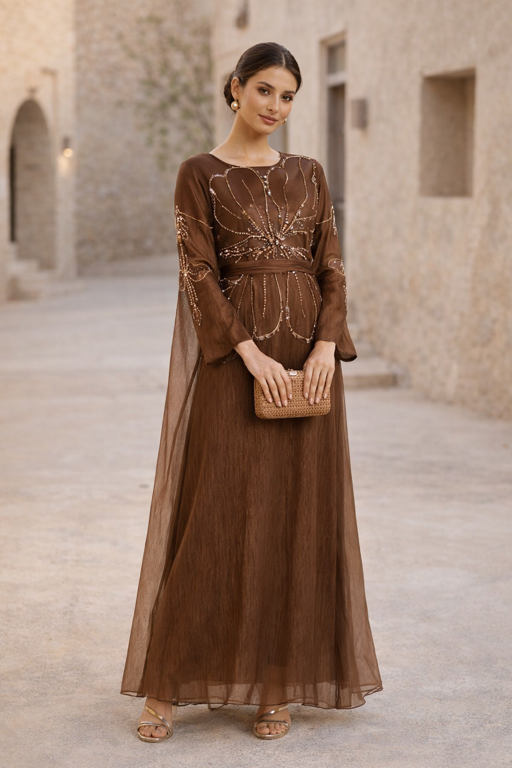 Abstract Pattern Embellished Flare Gown