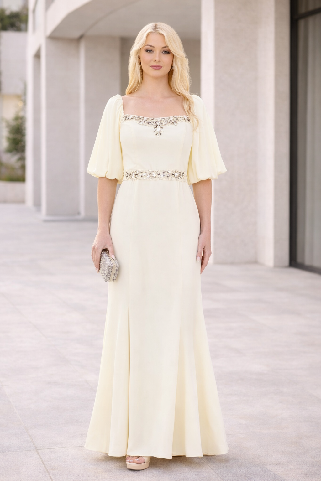 Ivory Embellished Puff Sleeves Gown