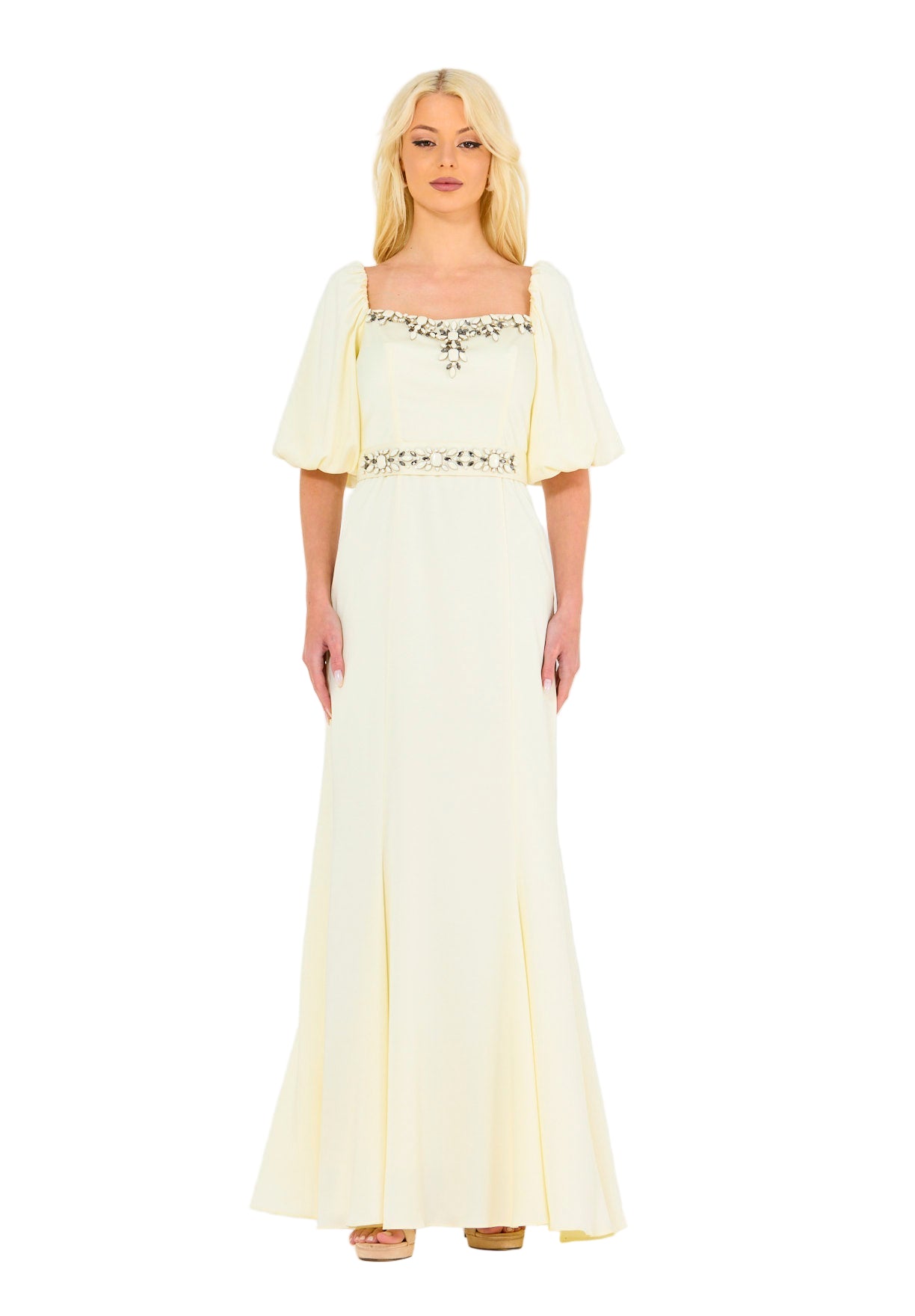Ivory Embellished Puff Sleeves Gown