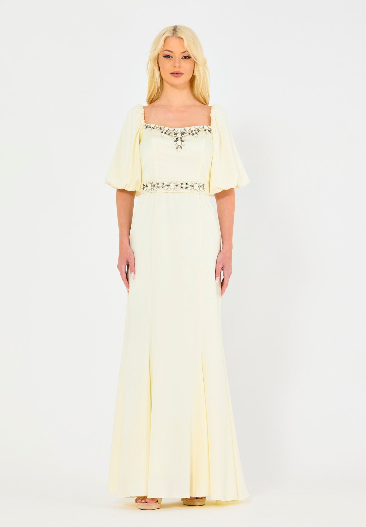 Ivory Embellished Puff Sleeves Gown