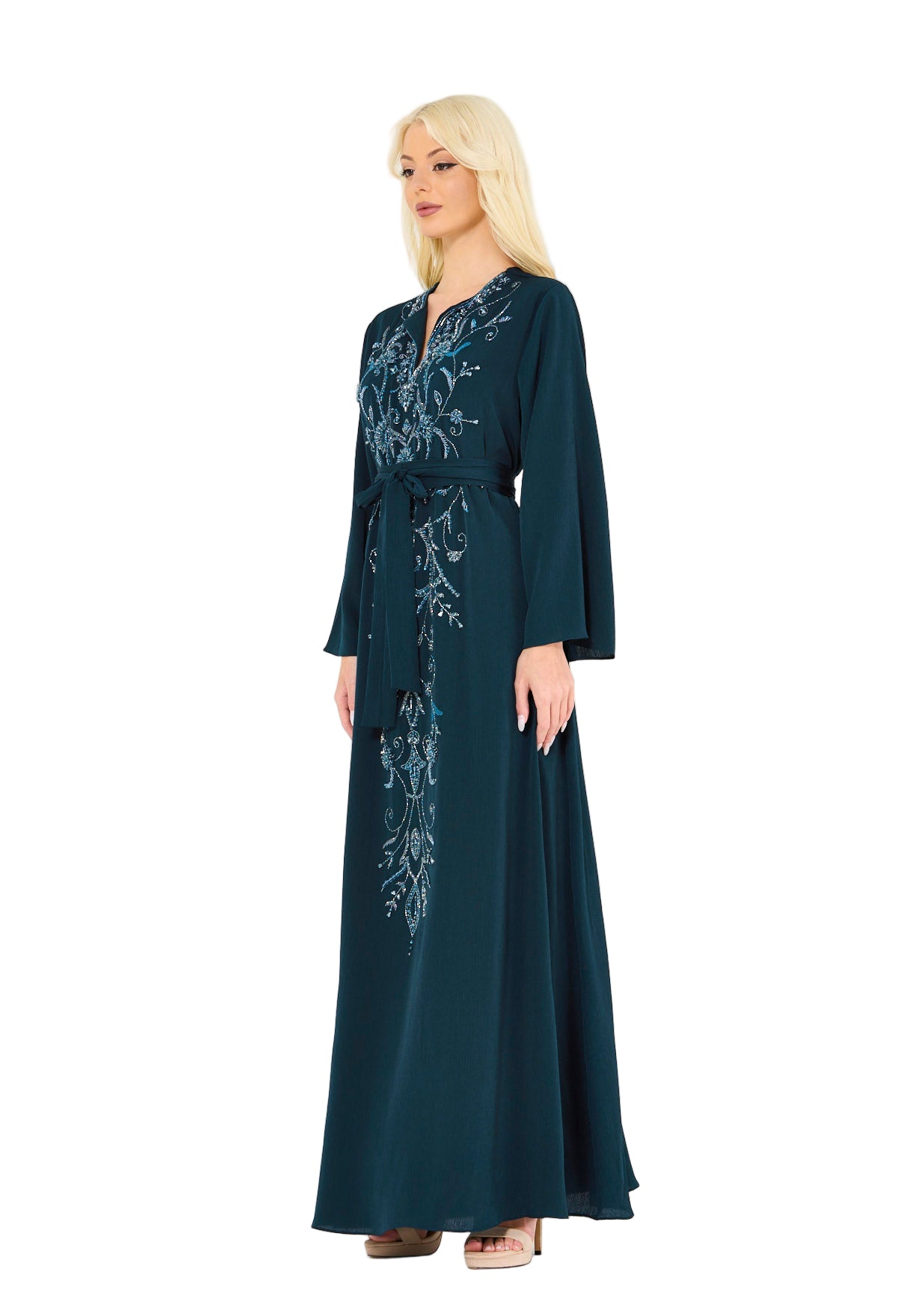 Abstract Floral Embellished Belted Gown