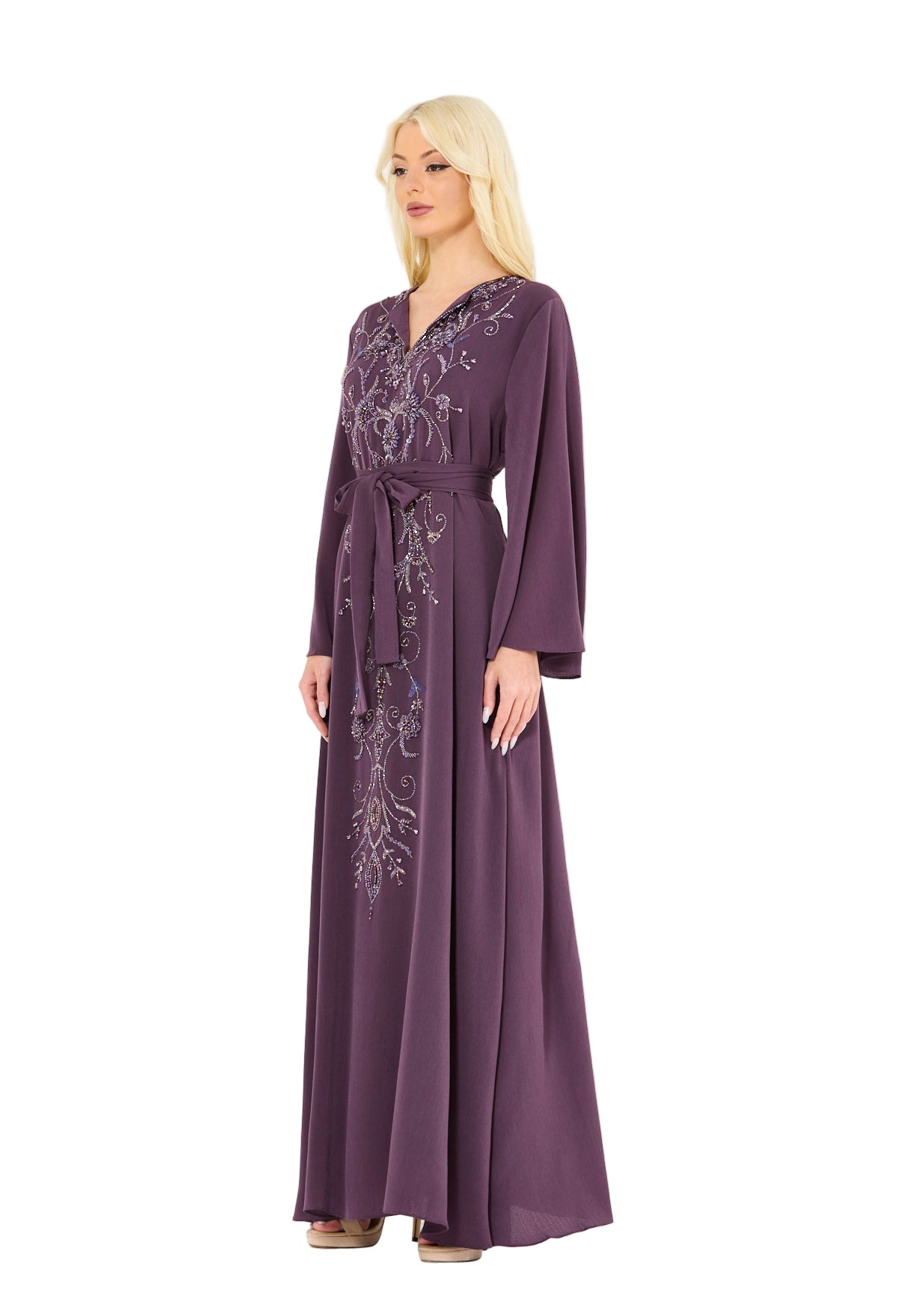 Abstract Floral Embellished Belted Gown