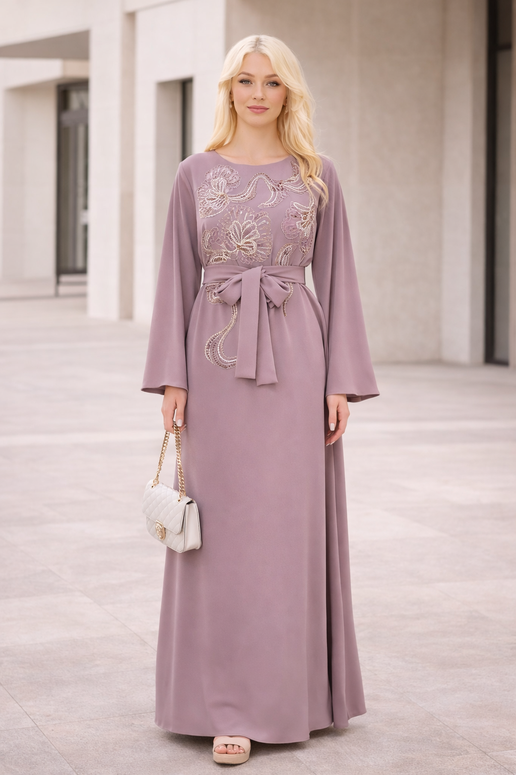 Sequin & Bead Embellished Floral Pattern Gown