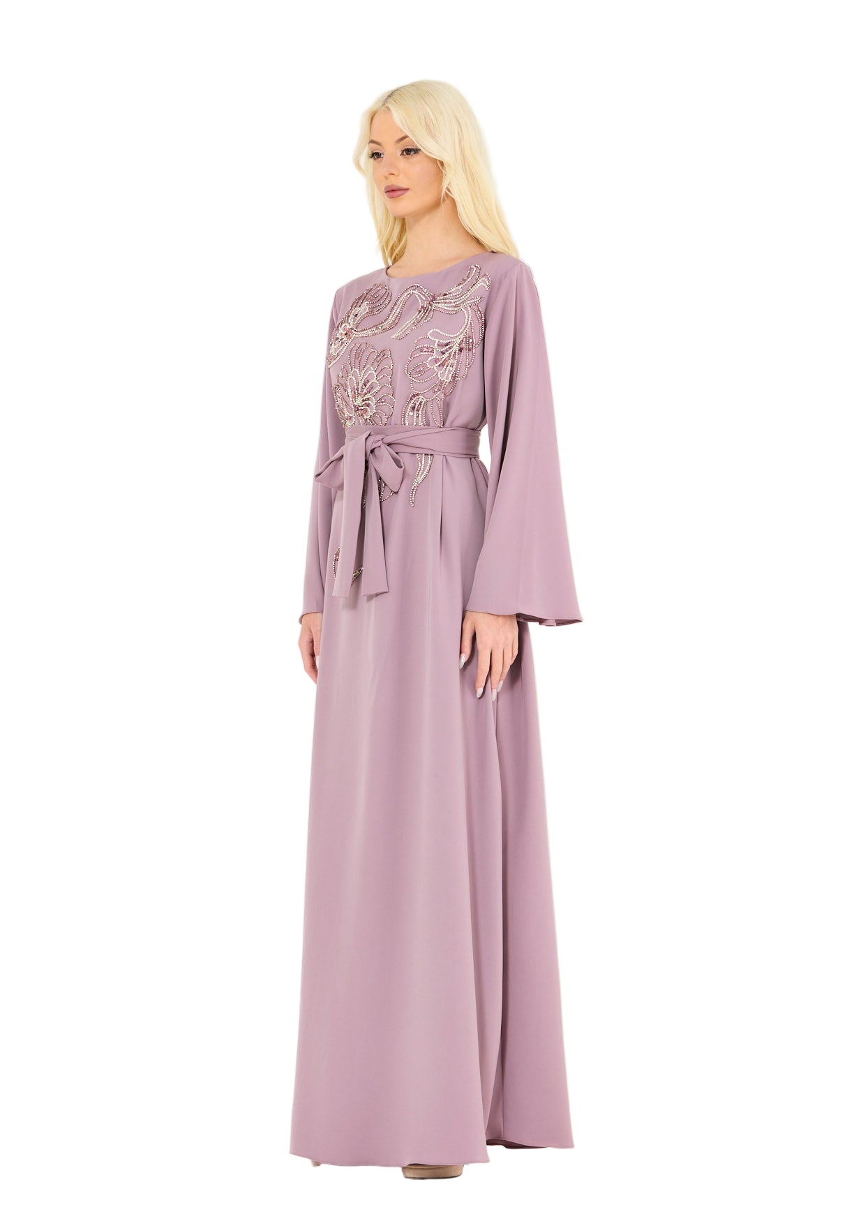 Sequin & Bead Embellished Floral Pattern Gown