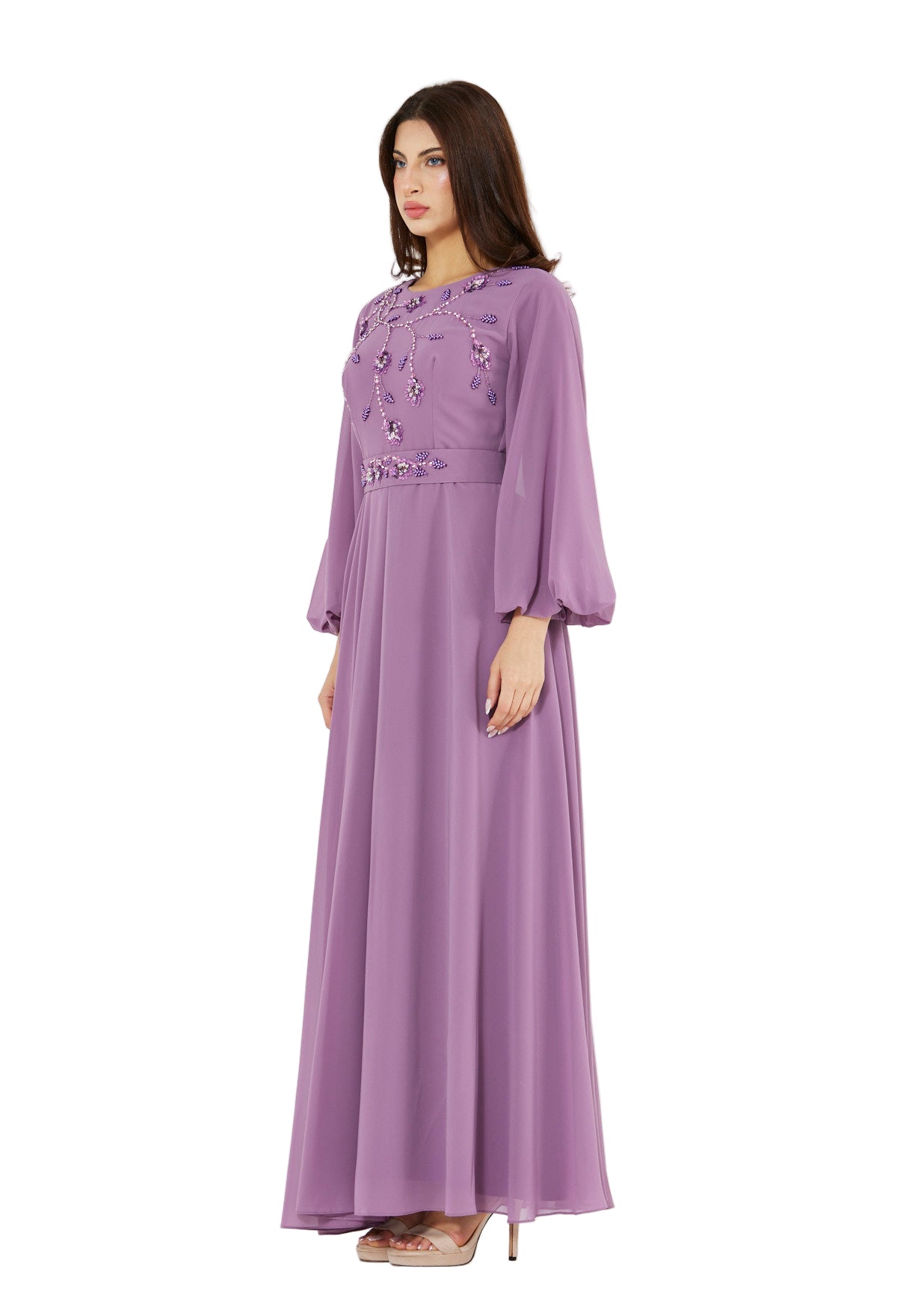 Floral Vines Embroidered Chiffon Gown