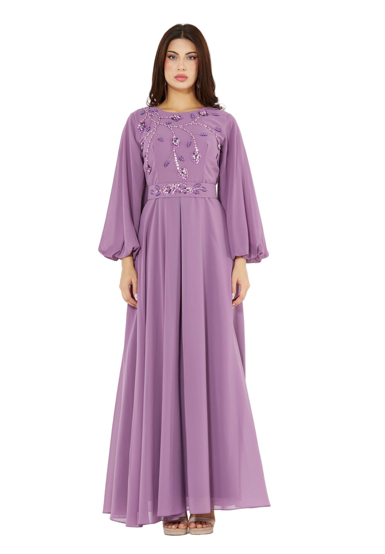 Floral Vines Embroidered Chiffon Gown