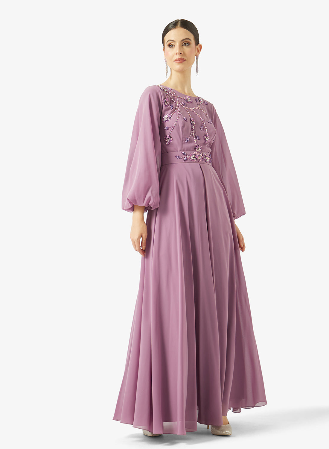 Embellished Chiffon Balloon Sleeve Gown