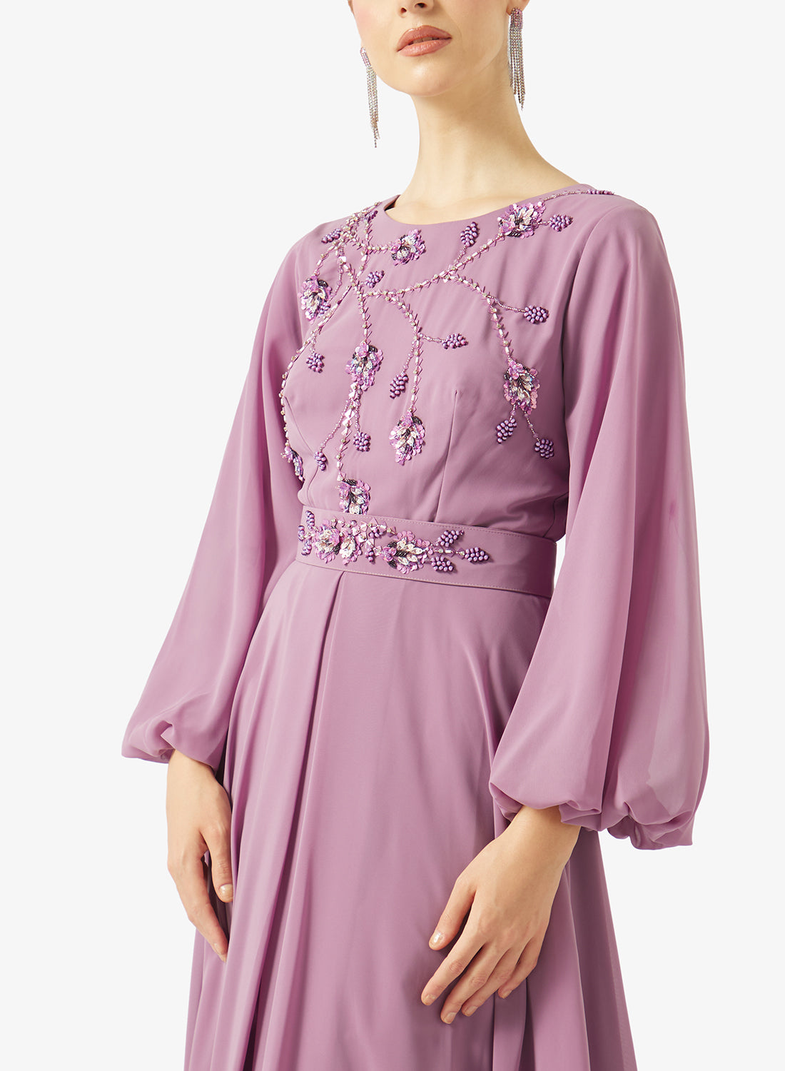 Embellished Chiffon Balloon Sleeve Gown