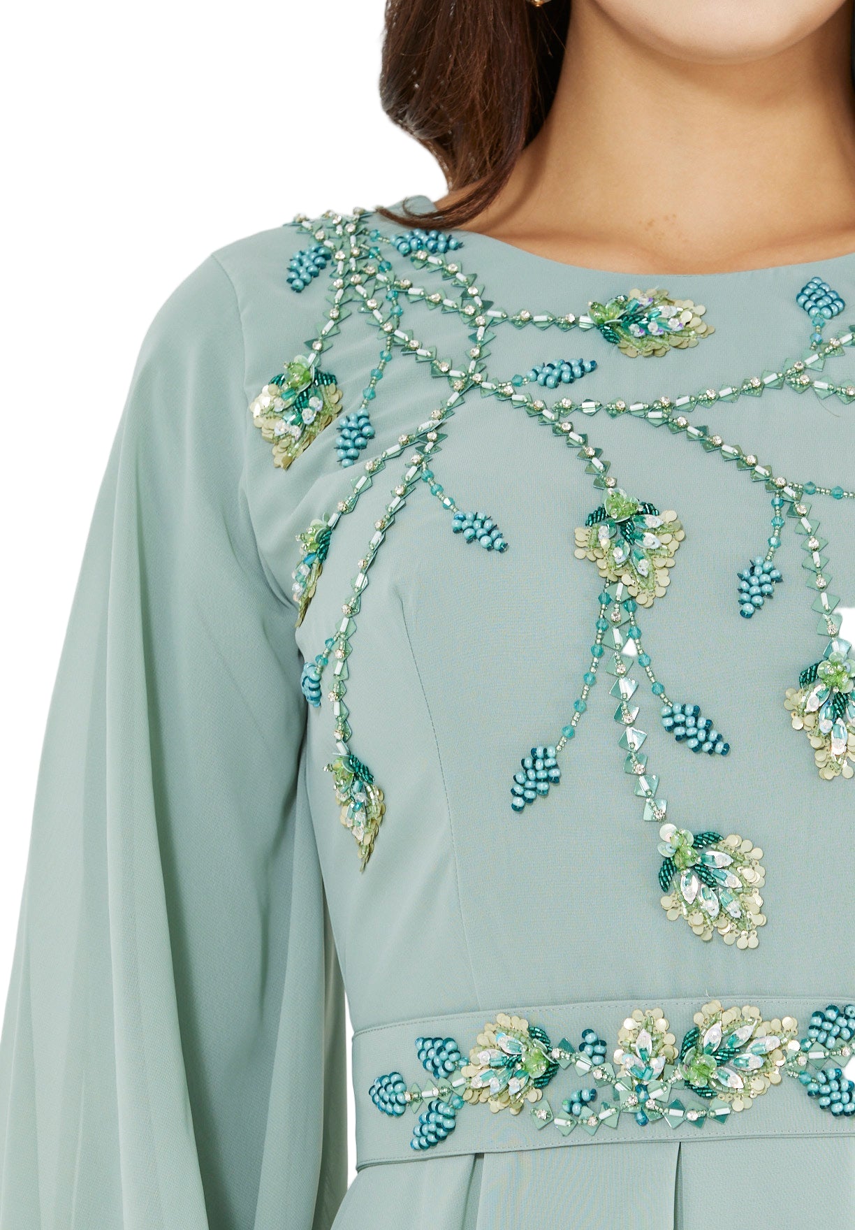 Floral Vines Embroidered Chiffon Gown