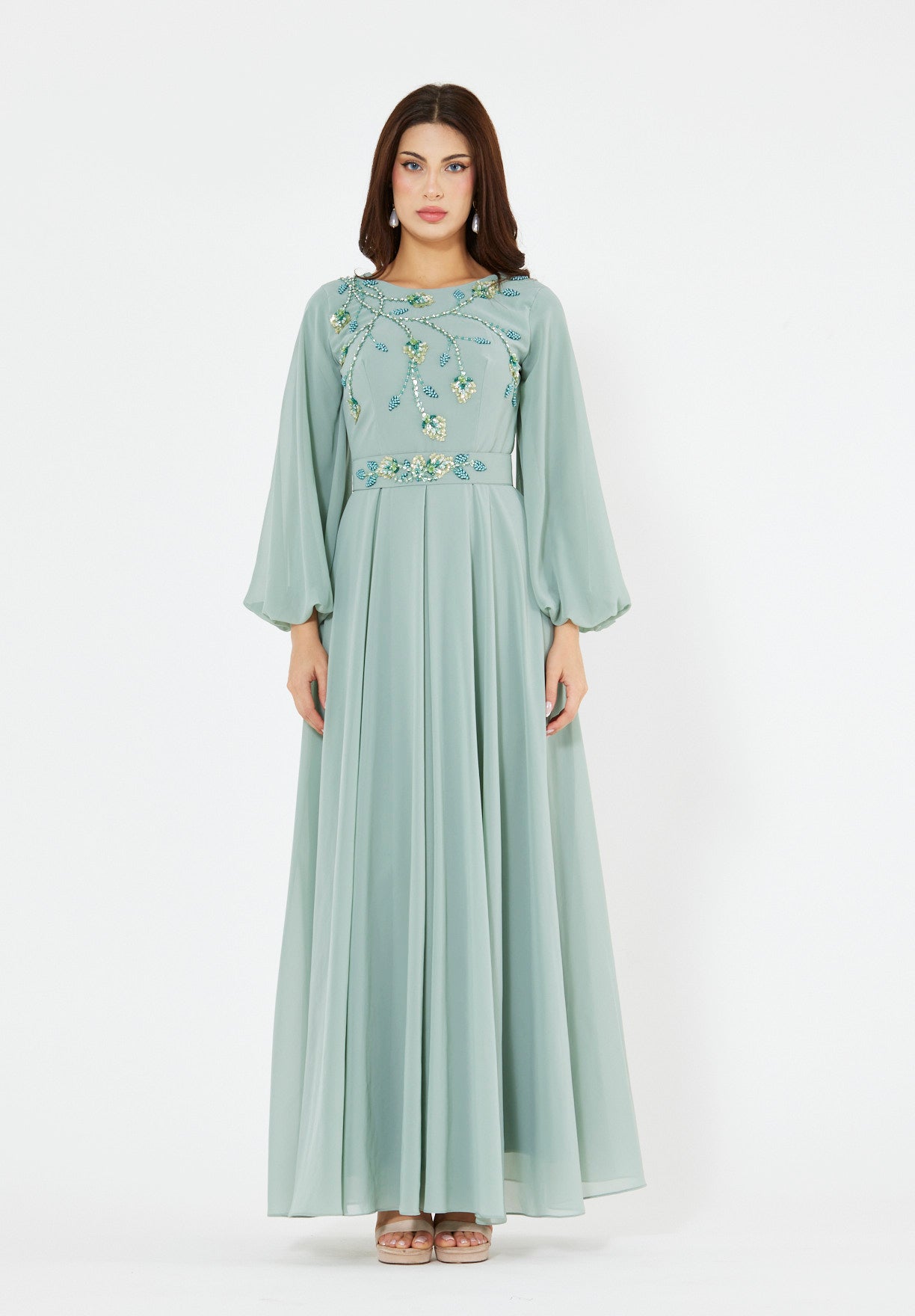 Floral Vines Embroidered Chiffon Gown