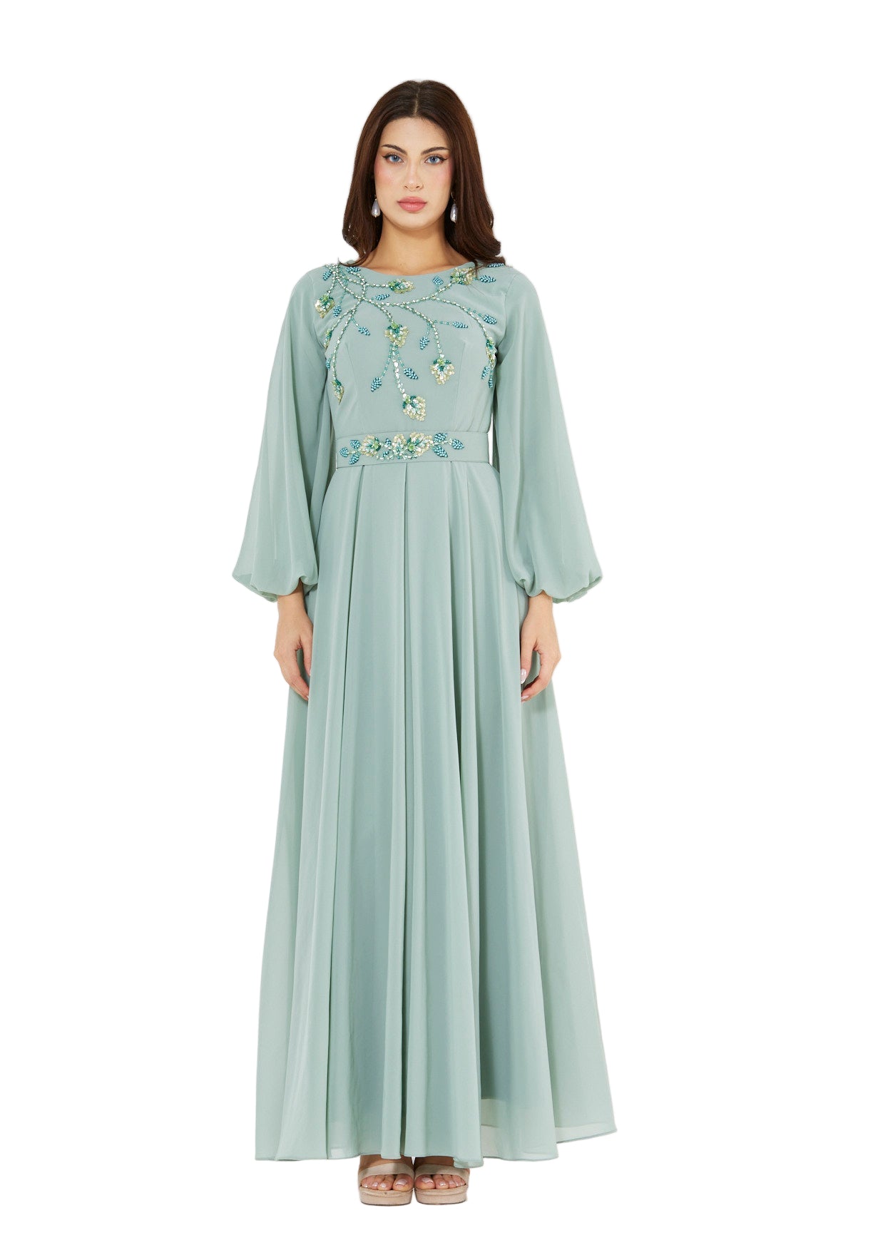 Floral Vines Embroidered Chiffon Gown