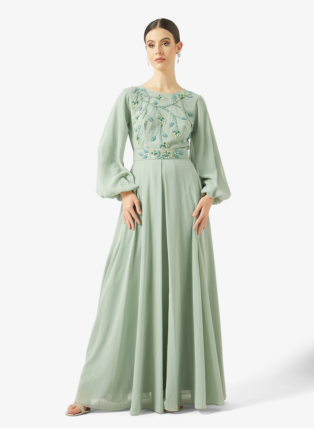 Embellished Chiffon Balloon Sleeve Gown