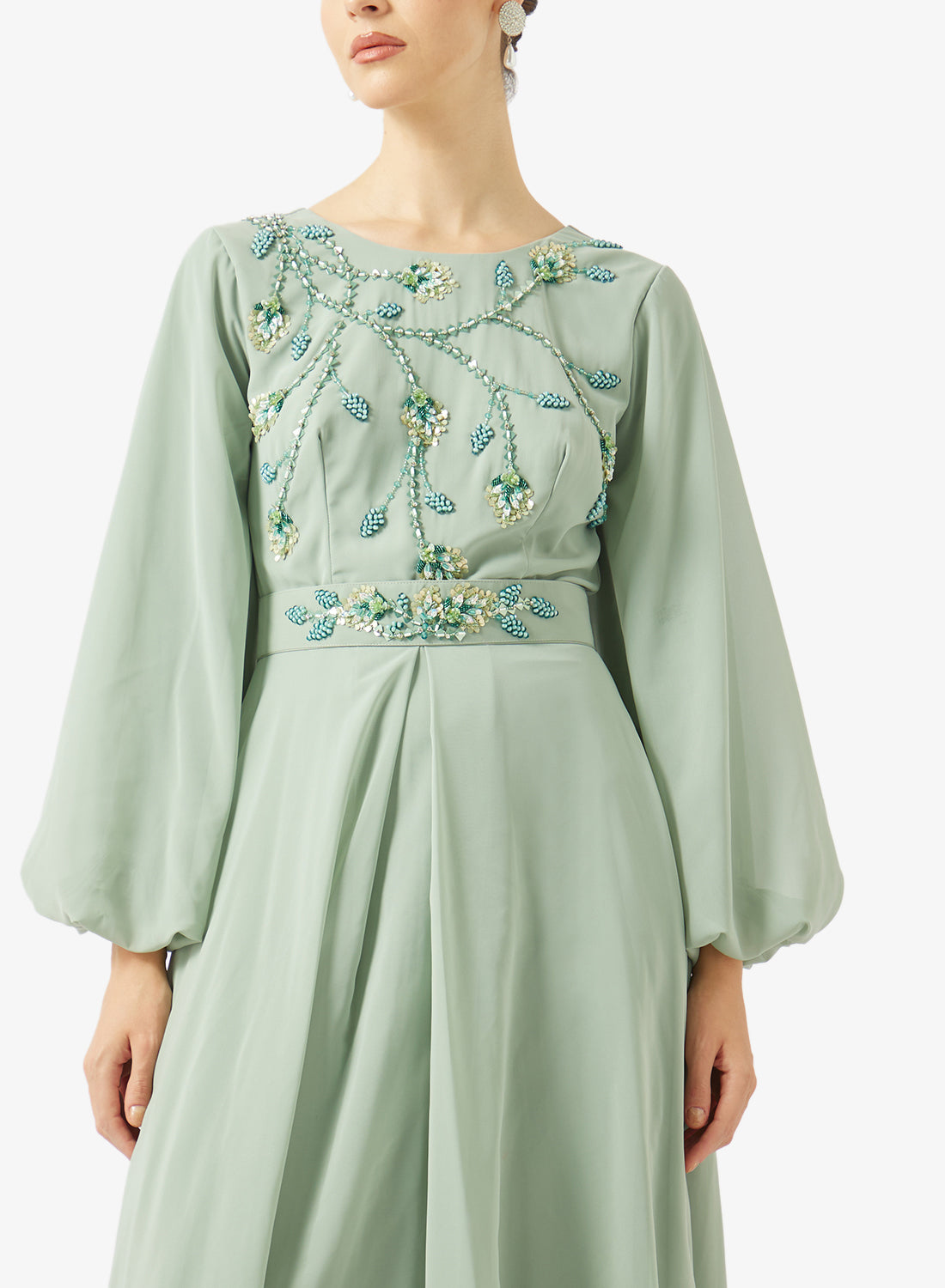 Embellished Chiffon Balloon Sleeve Gown