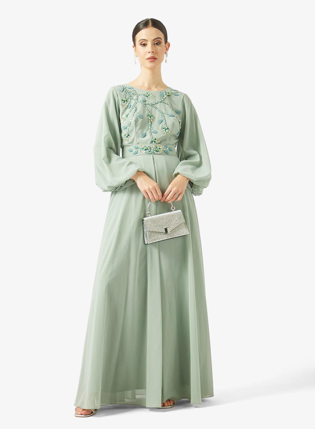 Embellished Chiffon Balloon Sleeve Gown