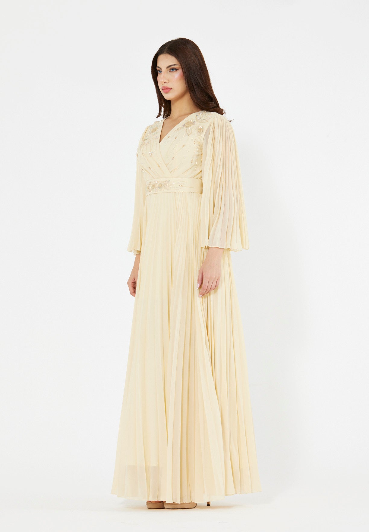 Pleated Bead Embellished Flowy Dress