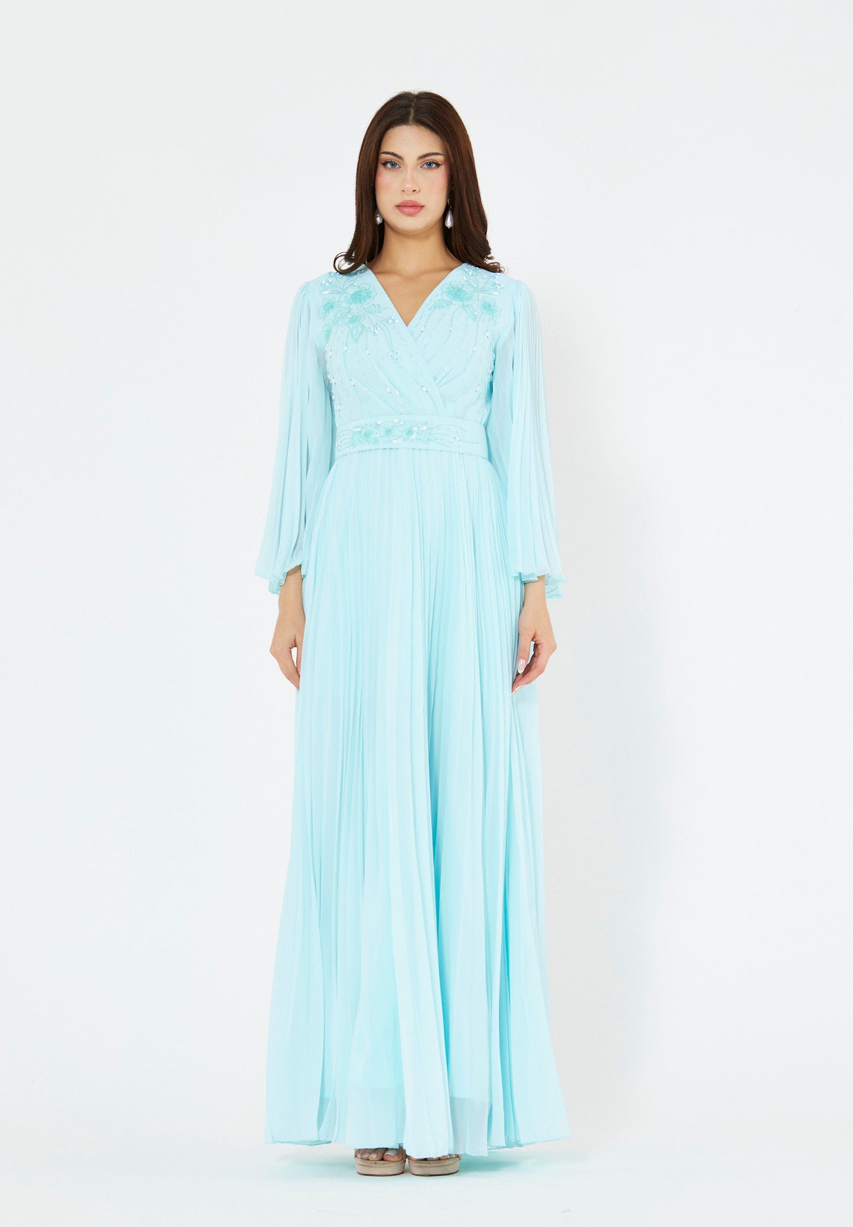 Pleated Bead Embellished Flowy Dress
