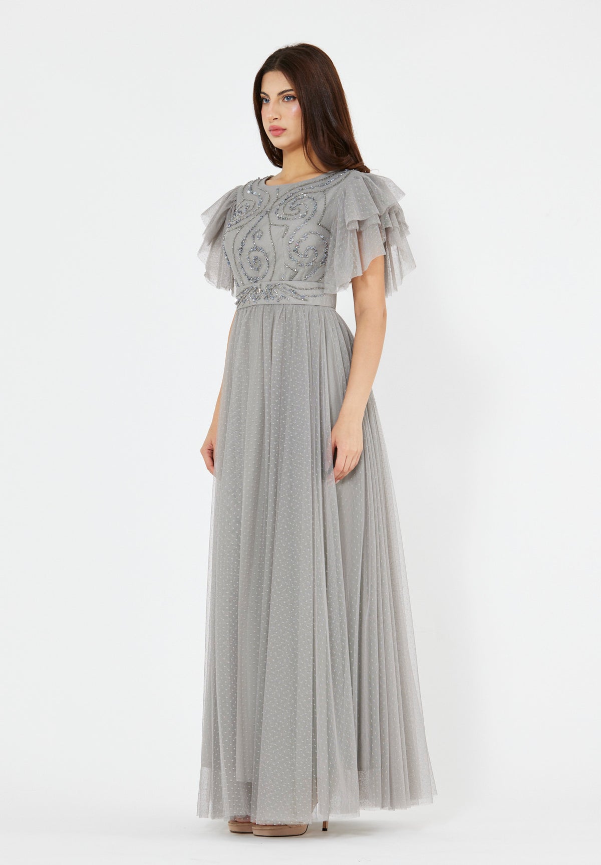 Embellished Tulle Ruffle Gown
