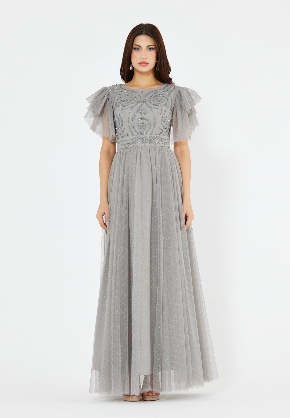 Embellished Tulle Ruffle Gown
