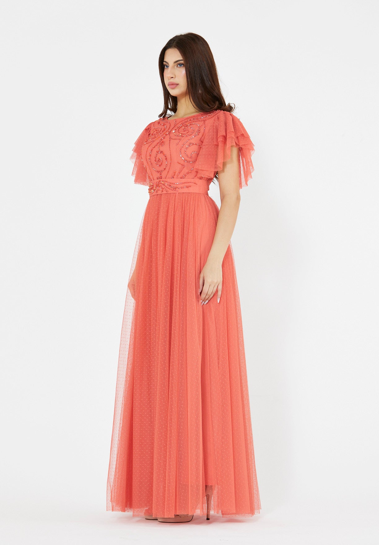 Layered Dotted Tulle Sleeve Embroidered Gown