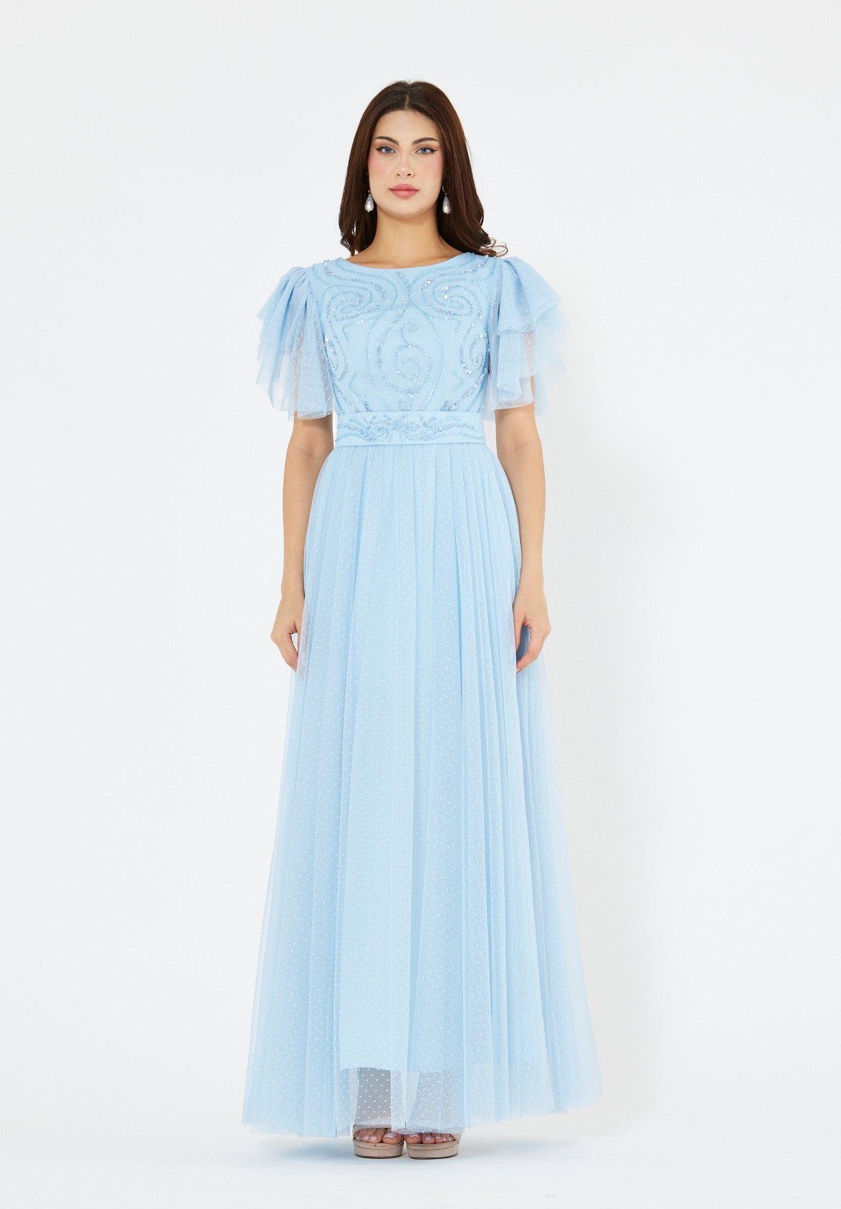 Layered Dotted Tulle Sleeve Embroidered Gown