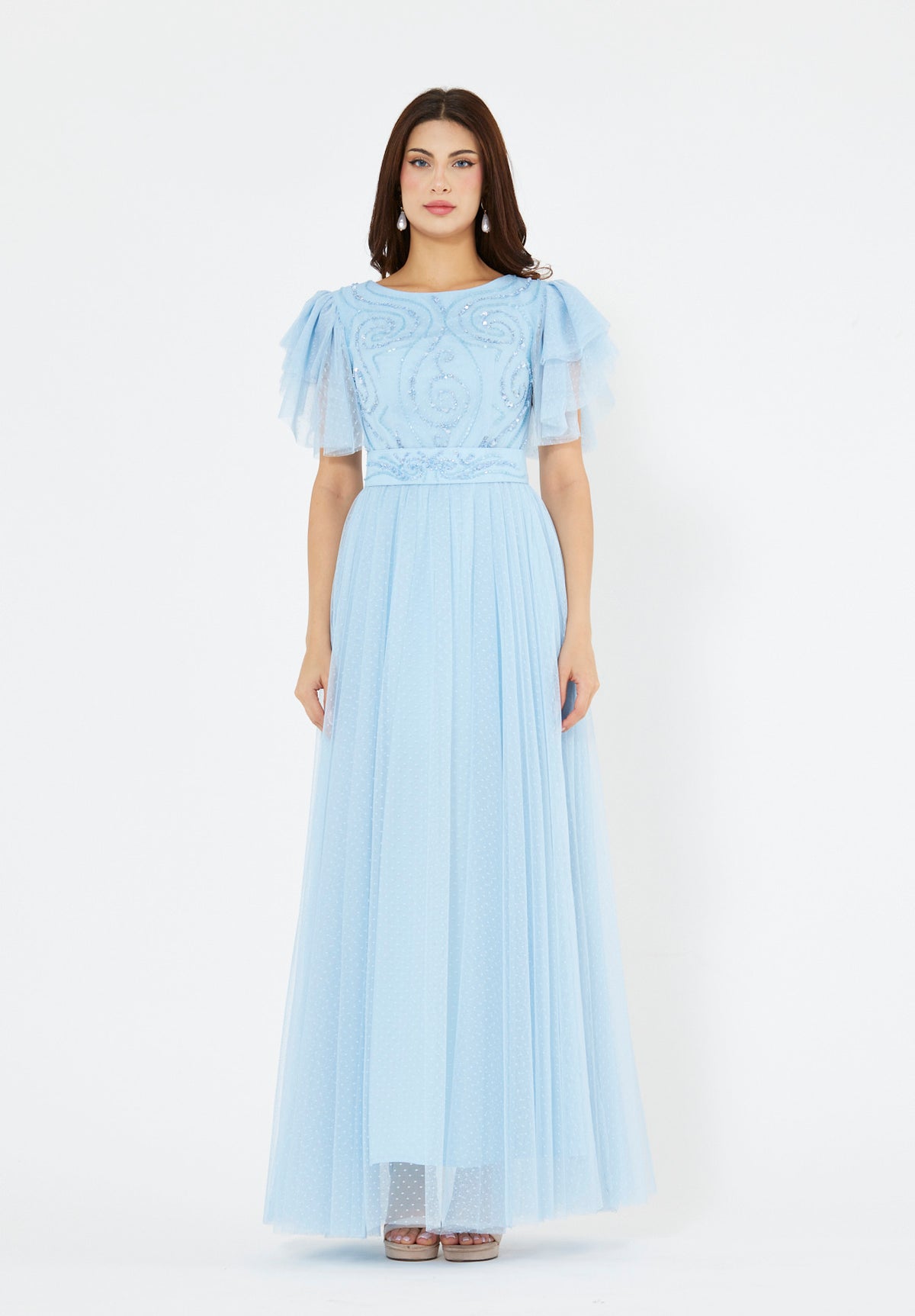 Embellished Tulle Ruffle Gown
