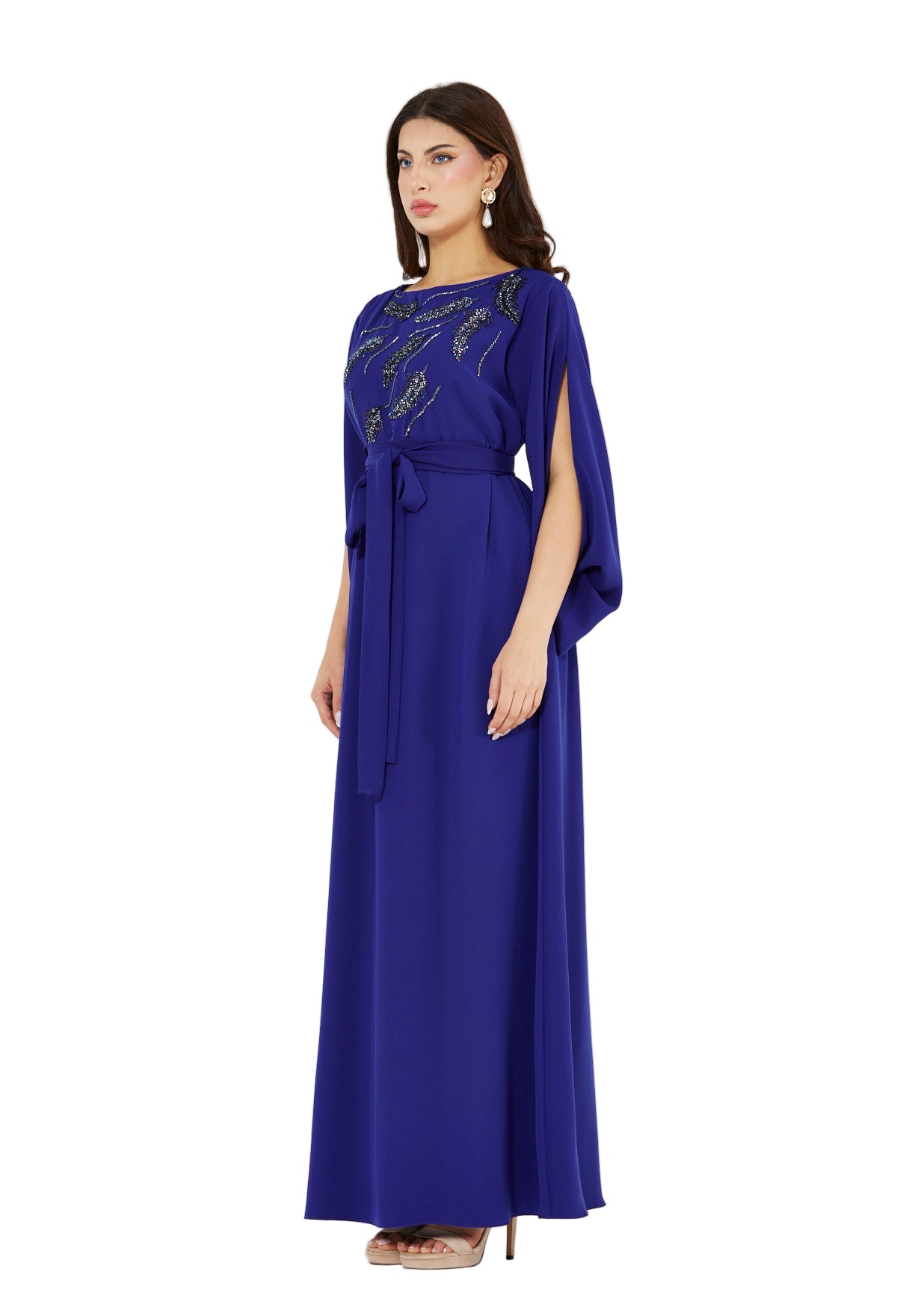 Winged Cape Gown with Sequin Embroidery