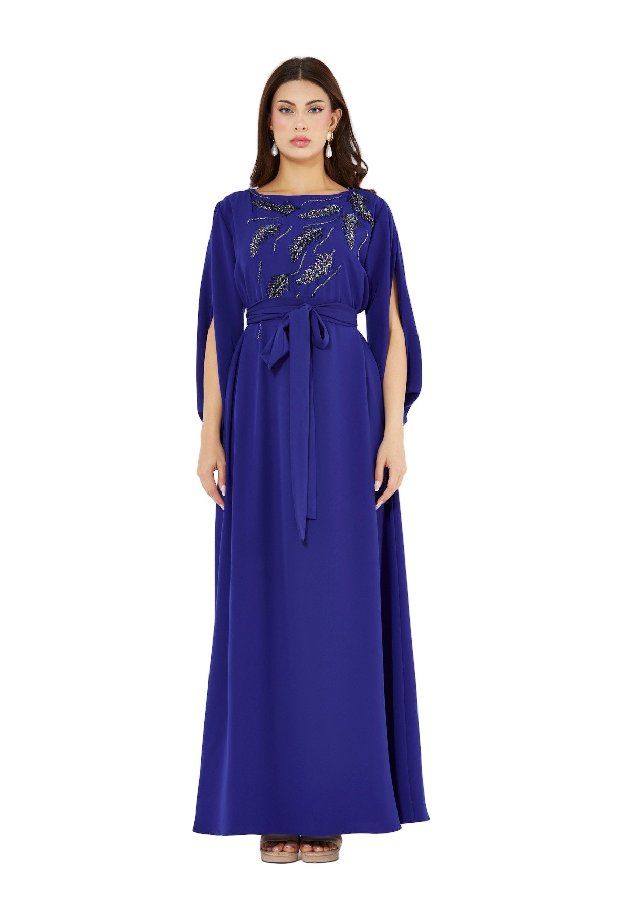 Winged Cape Gown with Sequin Embroidery