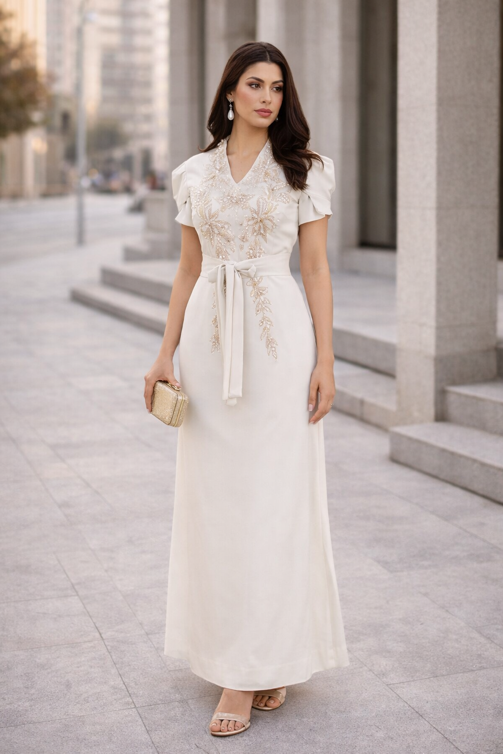 Floral Motif Embellished Satin Dress