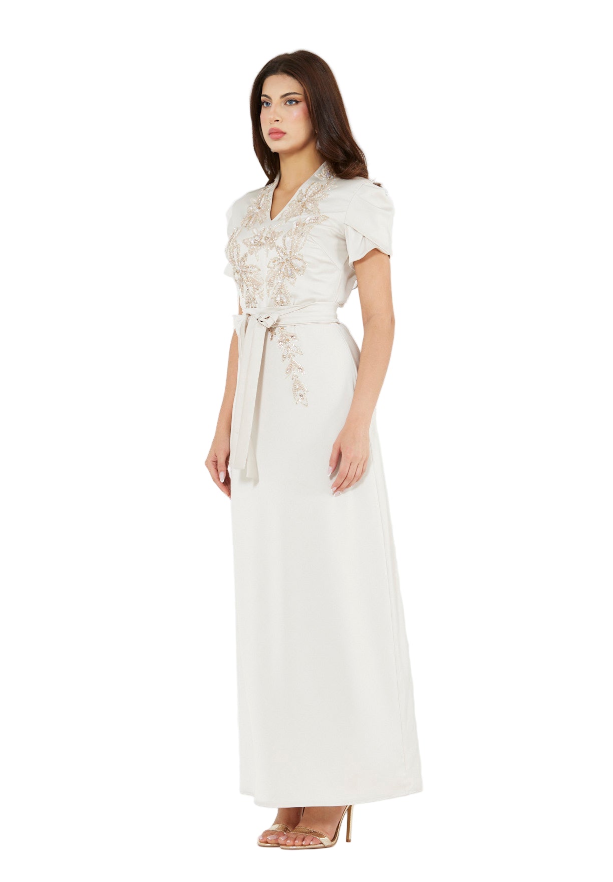 Floral Motif Embellished Satin Dress