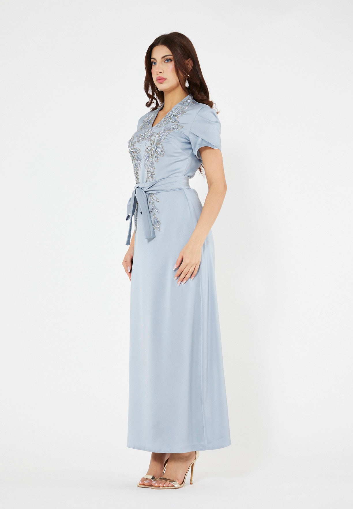 Floral Motif Embellished Satin Dress