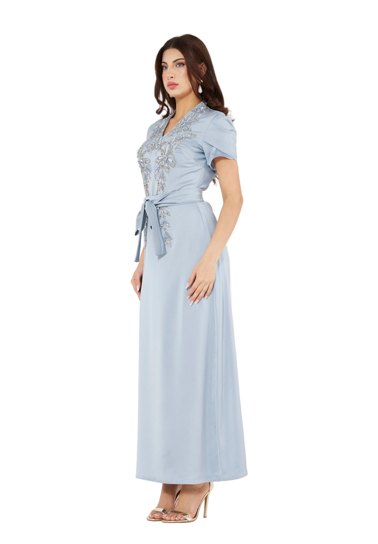 Floral Motif Embellished Satin Dress