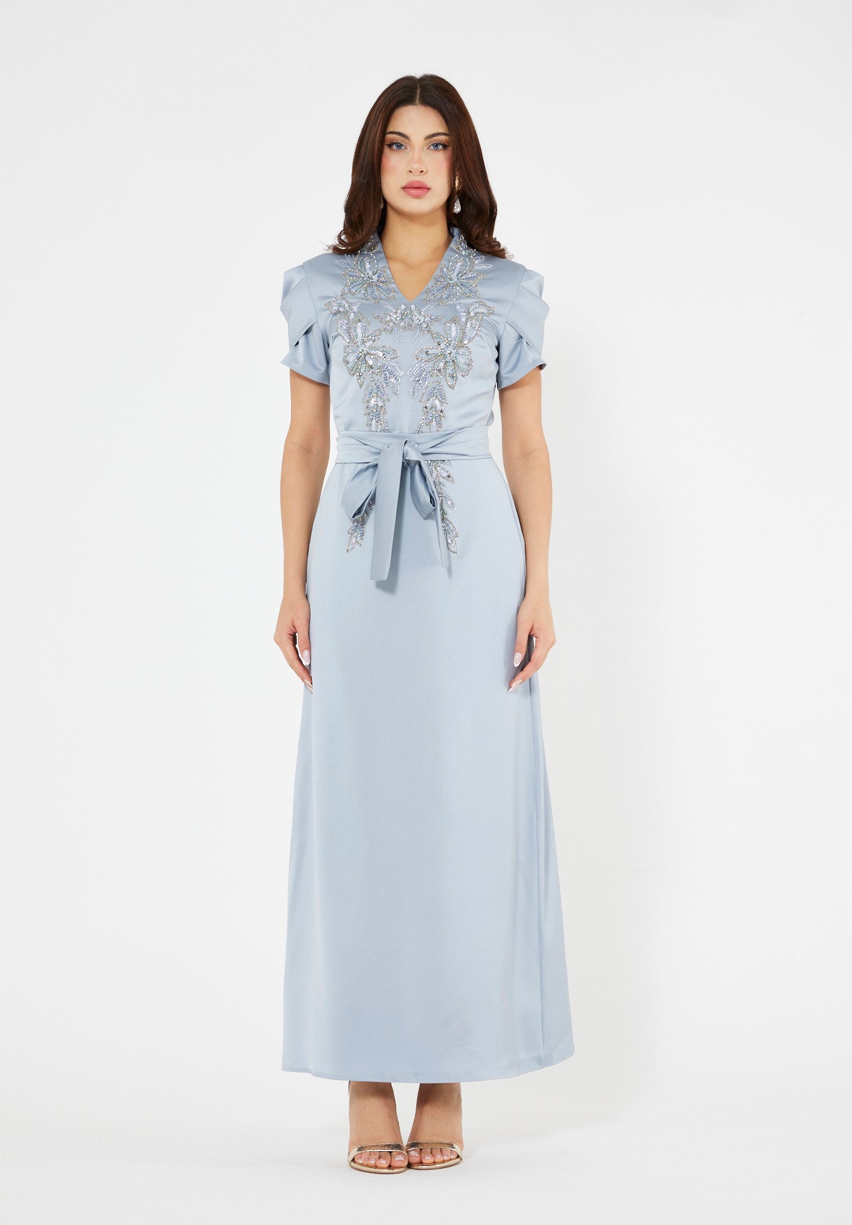 Floral Motif Embellished Satin Dress