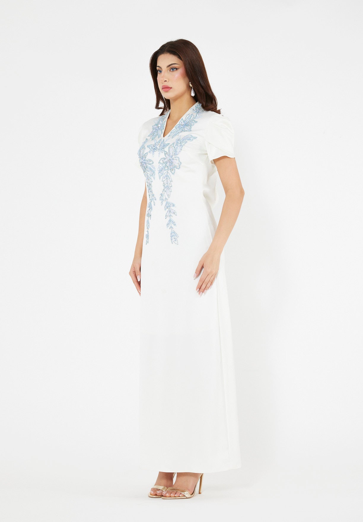 Floral Motif Embellished Satin Dress