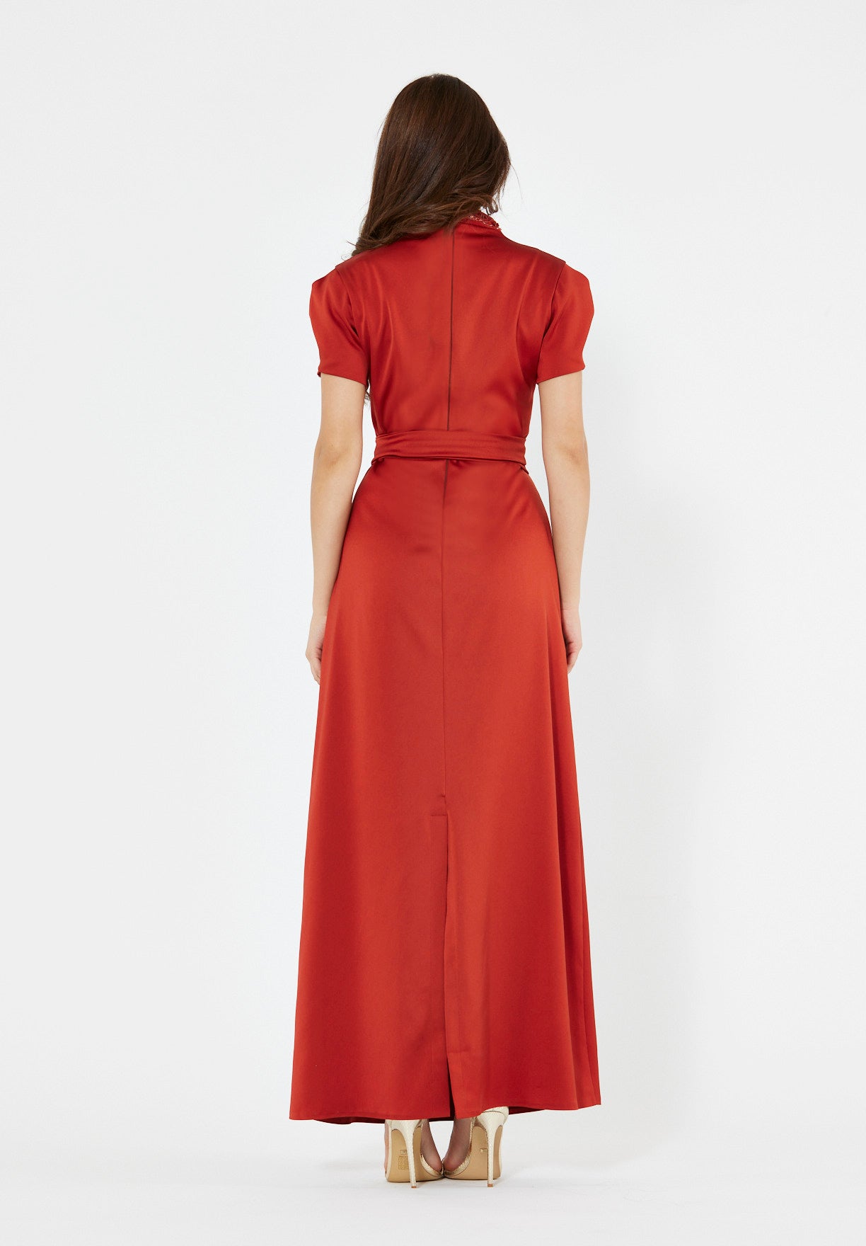 Floral Motif Embellished Satin Dress