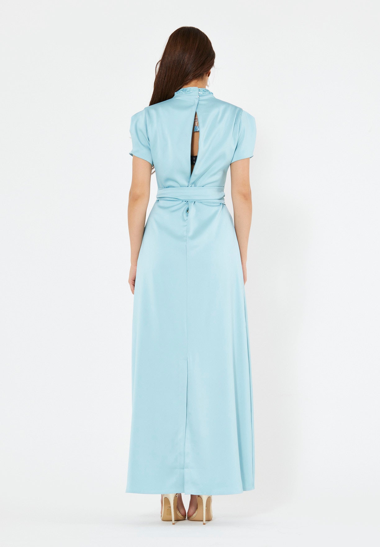 Floral Motif Embellished Satin Dress
