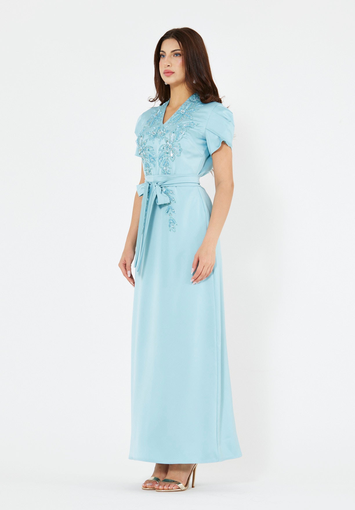 Floral Motif Embellished Satin Dress
