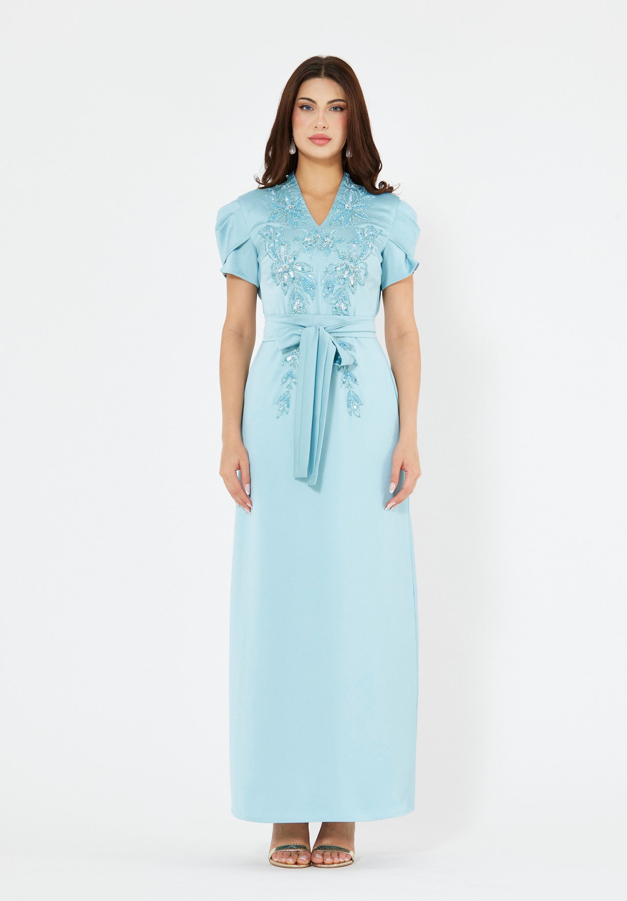 Floral Motif Embellished Satin Dress