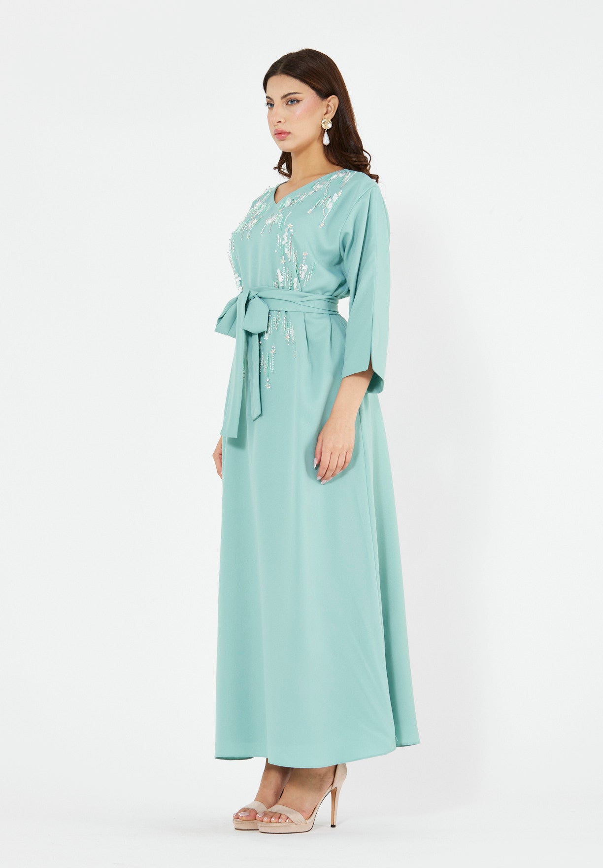 Sequin Rainfall Embellished Belted Gown