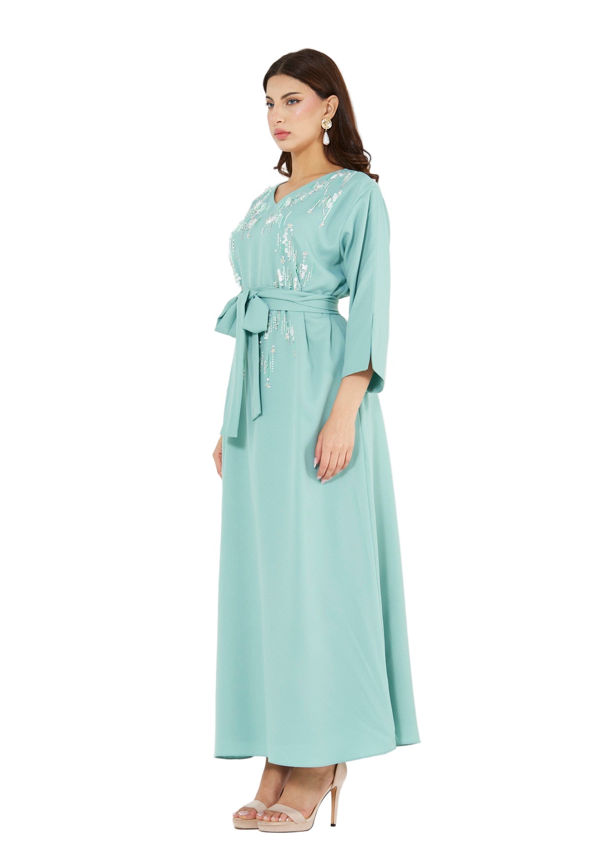 Sequin Rainfall Embellished Belted Gown