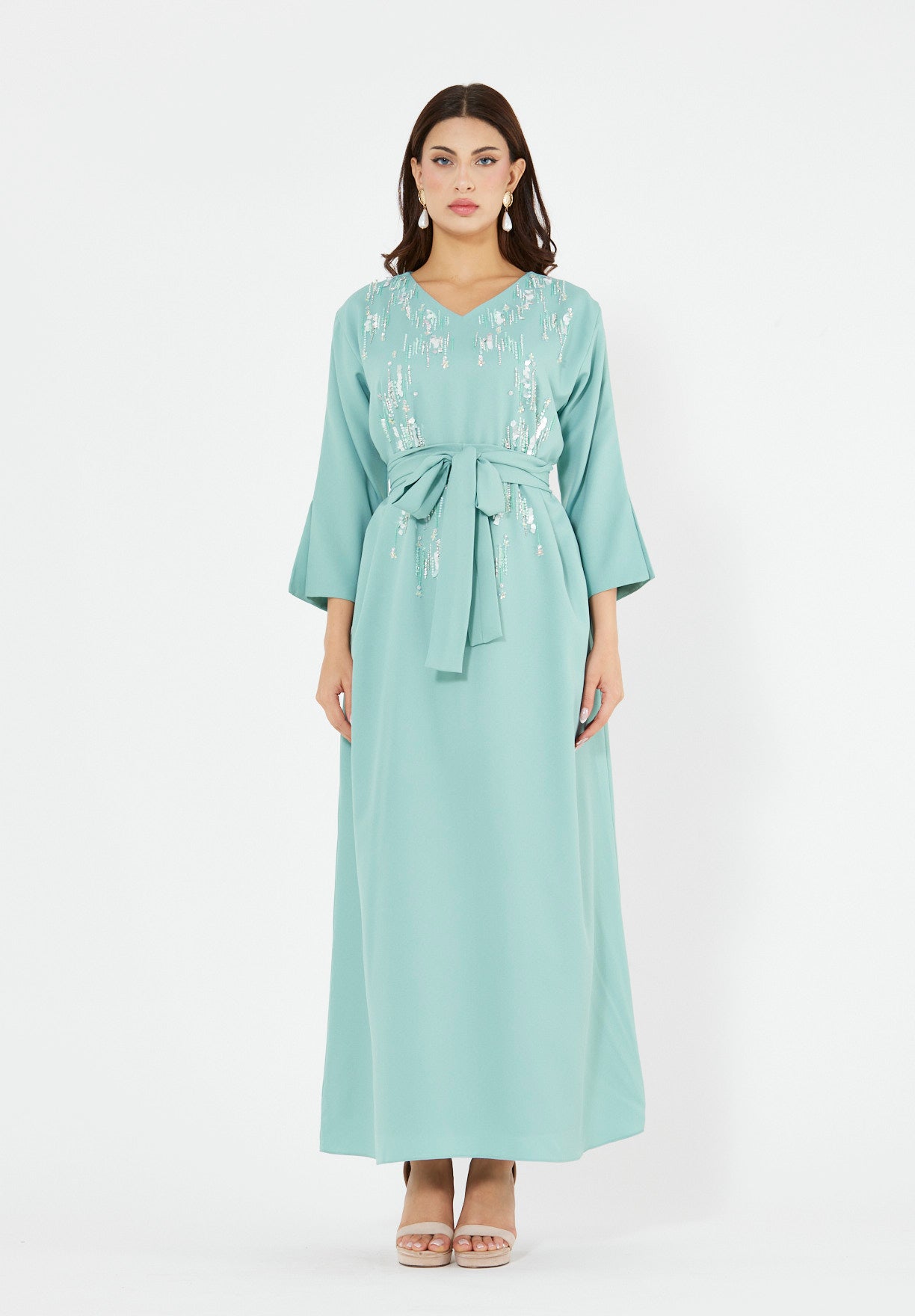 Sequin Rainfall Embellished Belted Gown