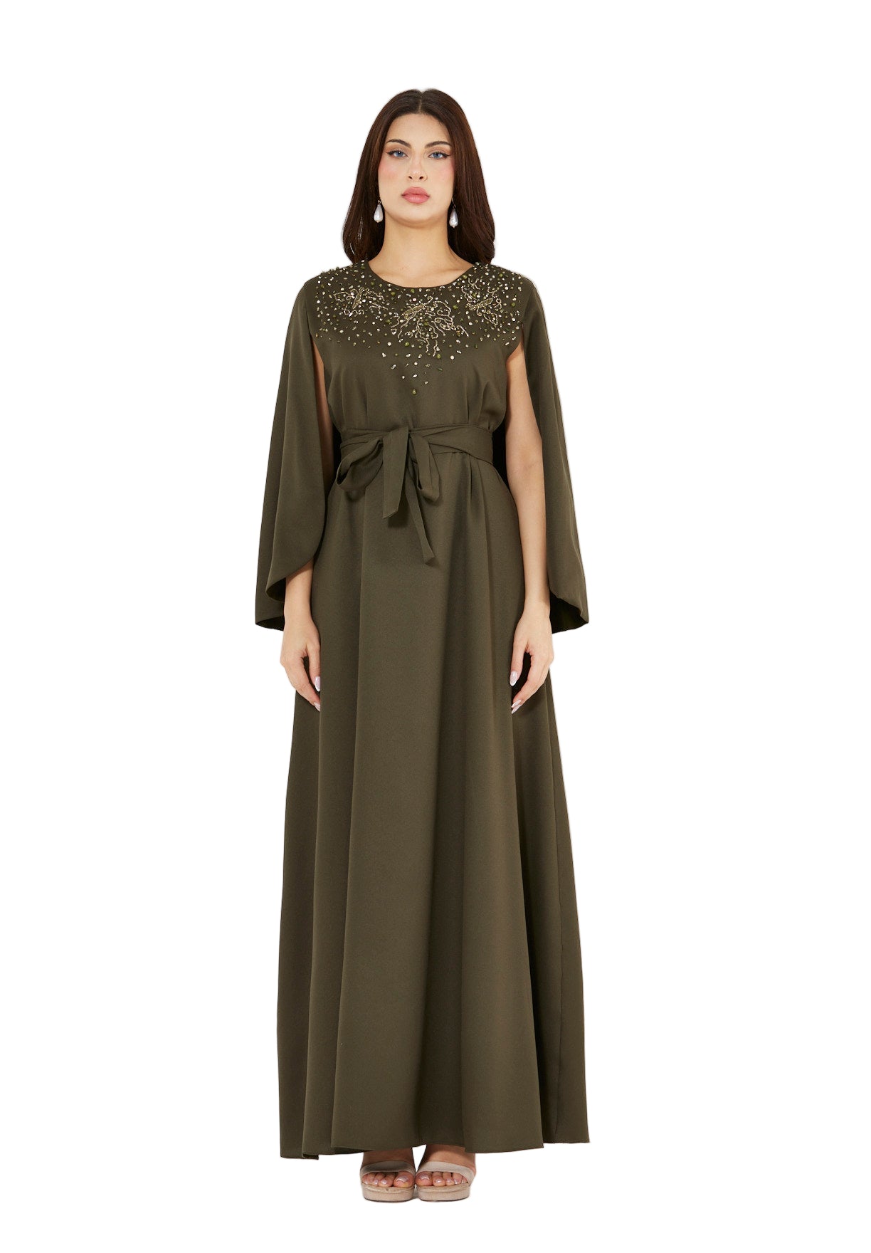 Radiant Yoke Embellished Cape Sleeves Gown