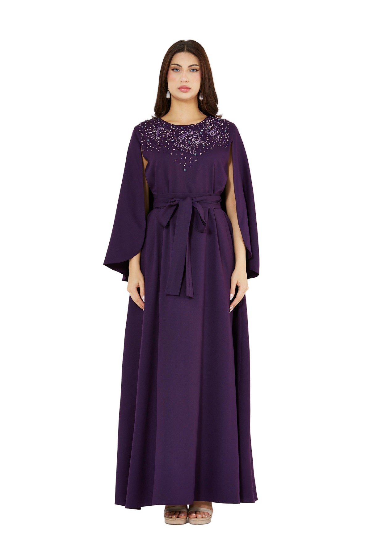 Radiant Yoke Embellished Cape Sleeves Gown