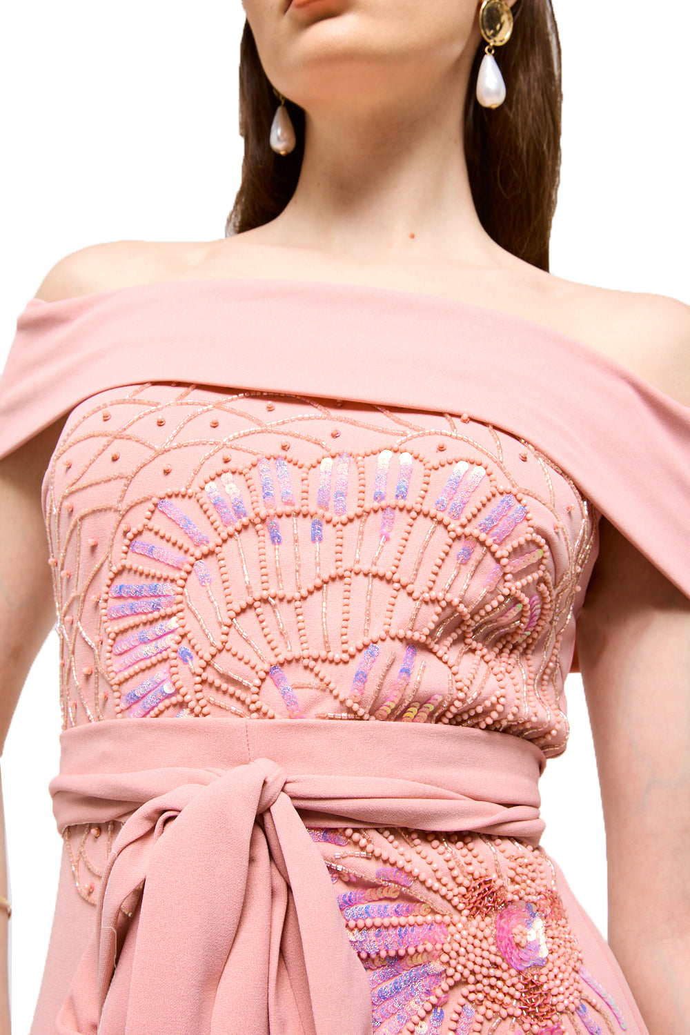 Off-Shoulder Embellished Waist Tie Maxi Dress