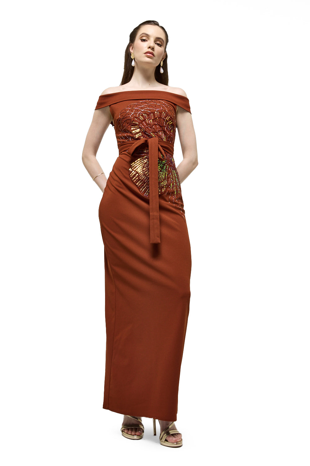 Off-Shoulder Embellished Waist Tie Maxi Dress