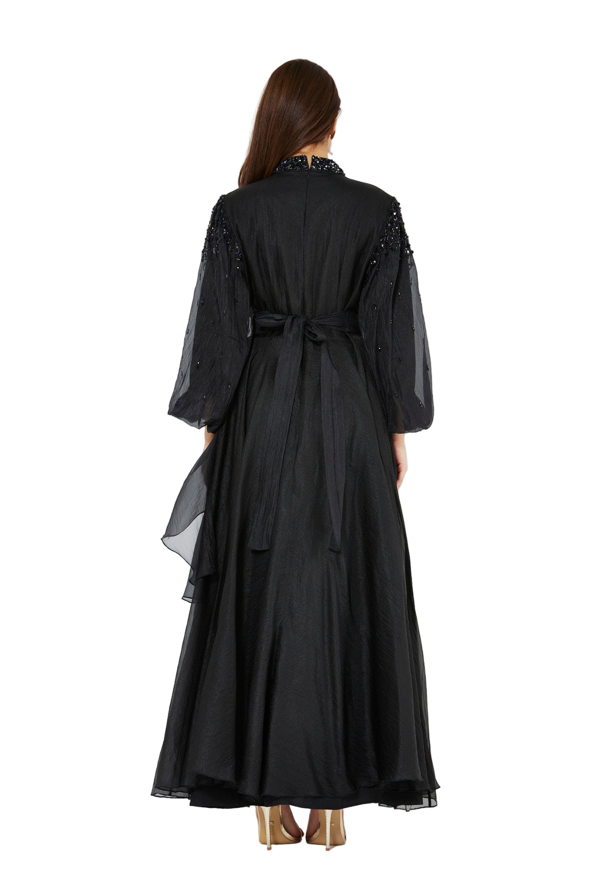 Bishop Sleeves Embellished Organza Gown with Pleats