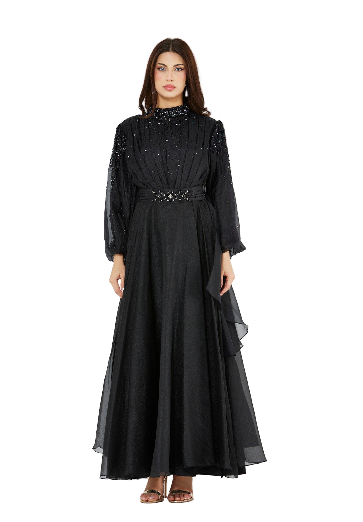 Bishop Sleeves Embellished Organza Gown with Pleats