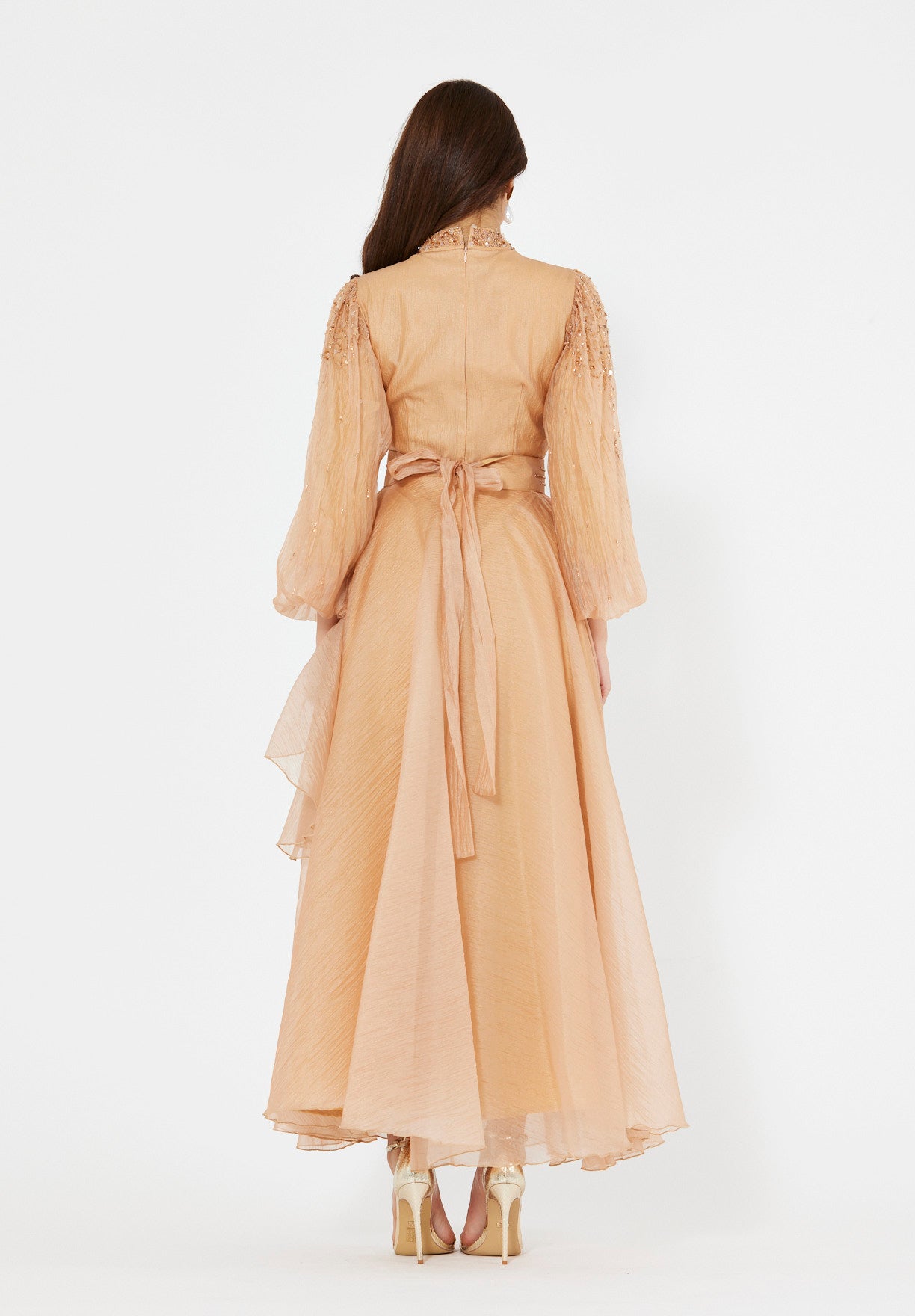 Bishop Sleeves Embellished Organza Gown with Pleats