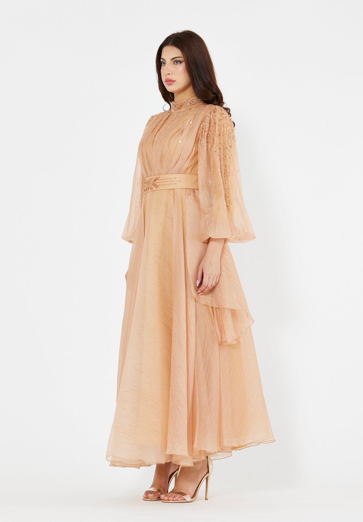 Bishop Sleeves Embellished Organza Gown with Pleats