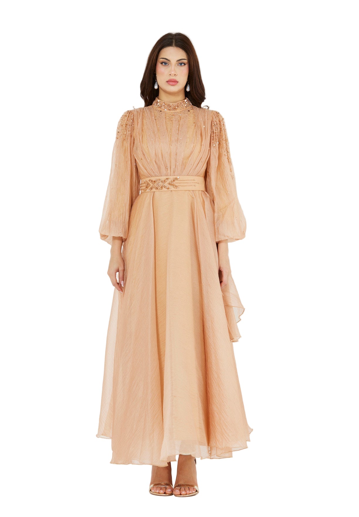 Bishop Sleeves Embellished Organza Gown with Pleats